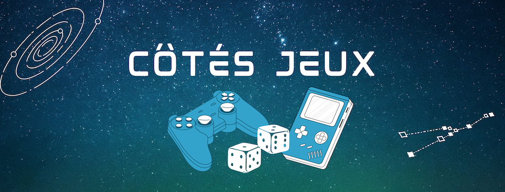 Bannière étoilée avec manette de jeu, gameboy, dés et écrit "Côtés jeux"